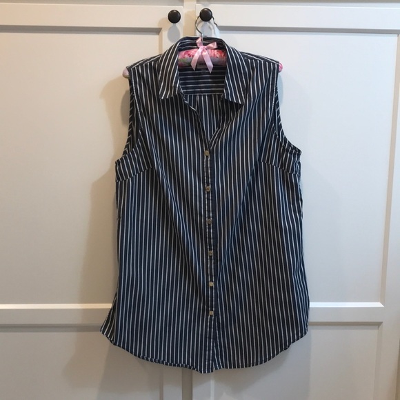 Anne Klein Navy and White Striped Sleeveless Tunic Top with Signature Buttons